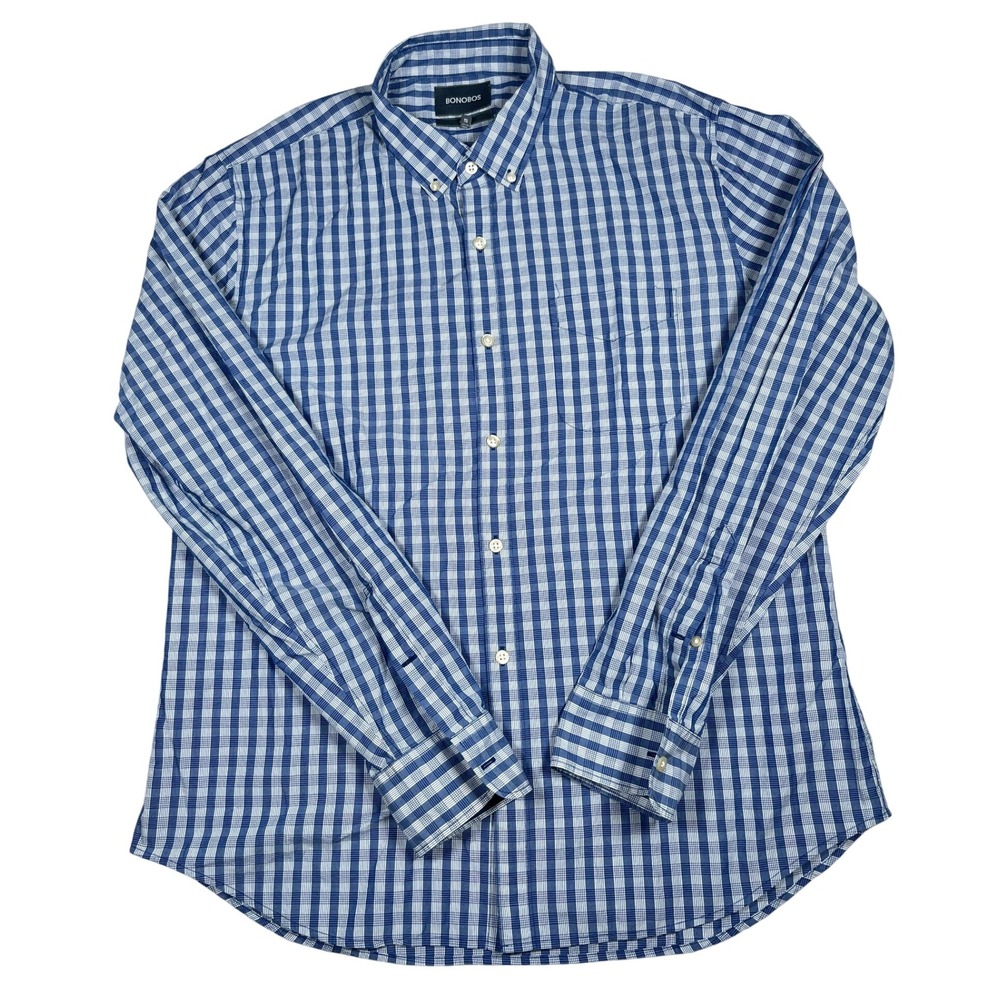 Bonobos Mens XL Slim Fit Button Down Shirt Blue White Gingham Check Dress Casual